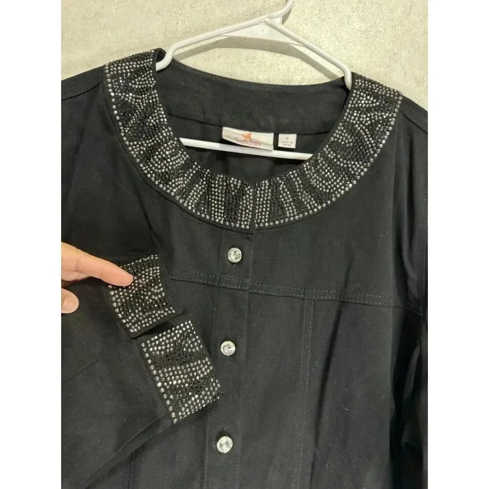 QUACKER FACTORY Black Jacket Rhinestones Button Front SZ 1X Goth Grunge Casual